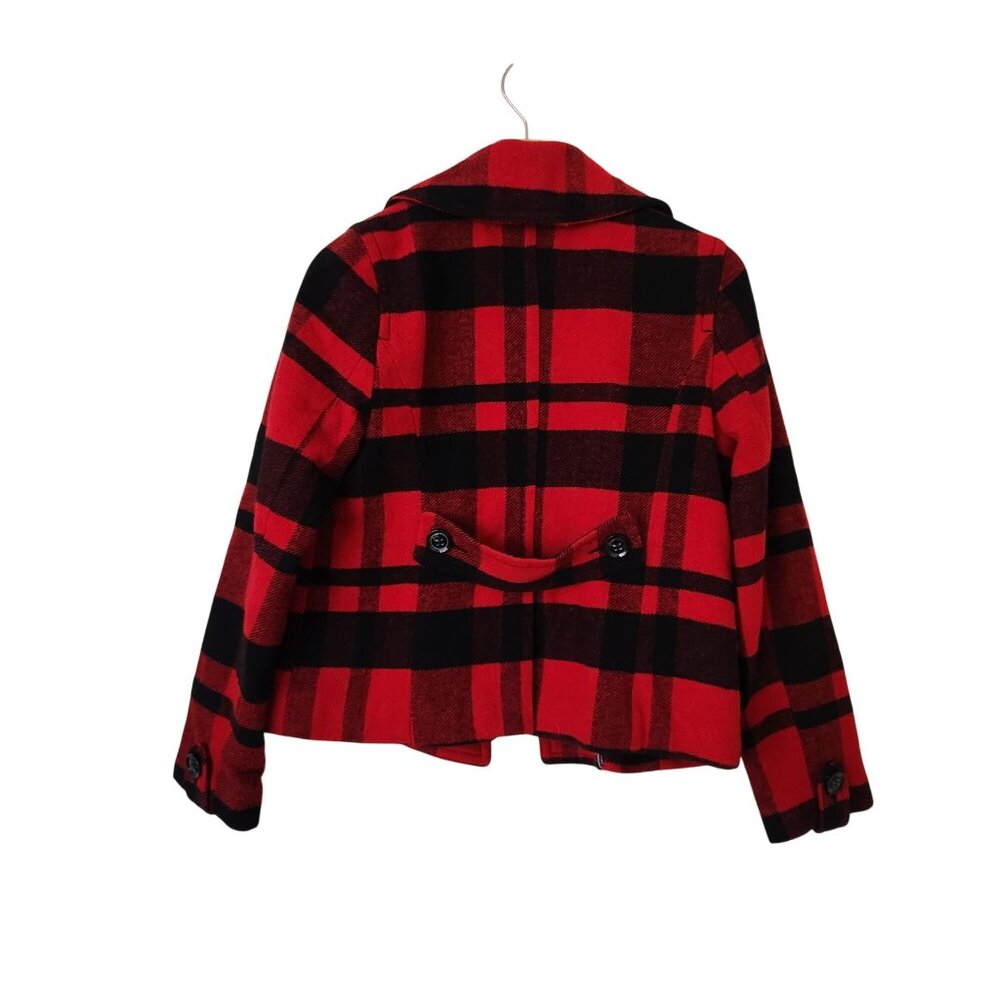 American Eagle Red Black Plaid Wool Peacoat Fall Winter Preppy Cabincore Cozy - Picture 2 of 11